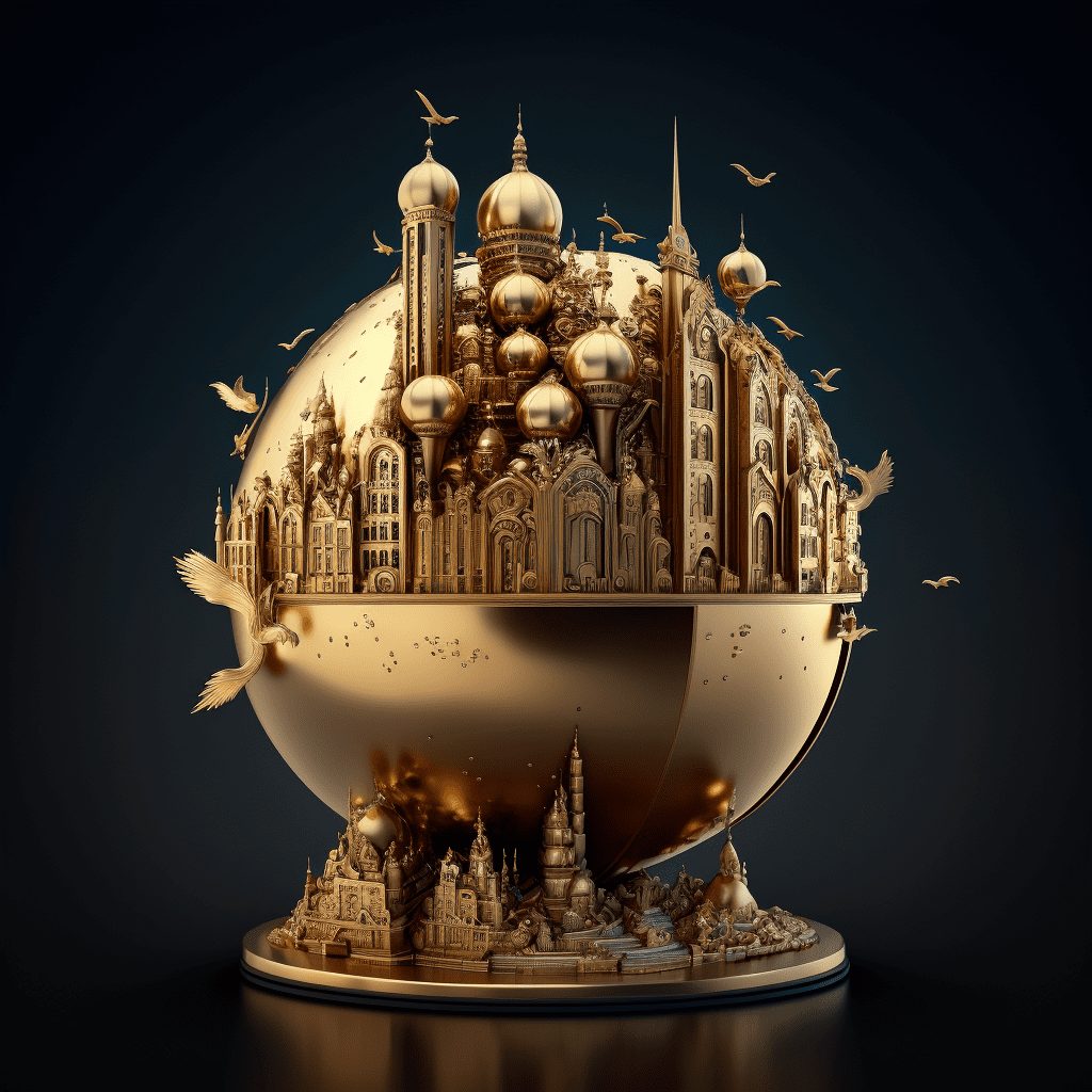 a gold globe with a city in the middle
