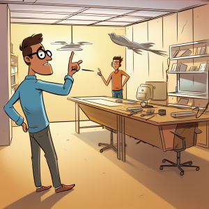 A cartoon drawing of a designer moving forwards no matter the setback