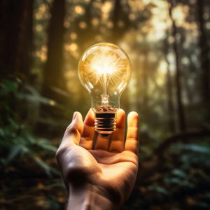 A lightbulb suspended over a hand to represent harnessing the power with a sparkle of ideas