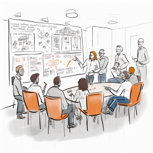 Artist's coloured line drawing of A team discovering new perspectives with a coach