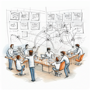 Artist's line drawing of A team coaching session looking at complex cross enterprise activities