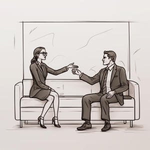 Artist's line drawing of a A coach and coachee