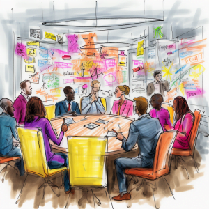 Harnessing Ideate Power: Artists impression of a group ideating in business