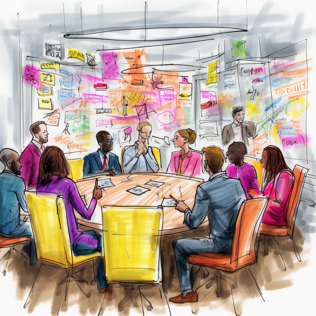 a group of people sitting around a round table