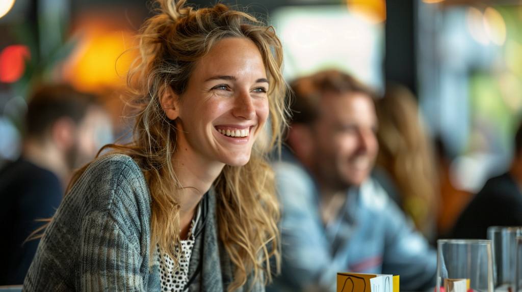 a woman smiling at a table