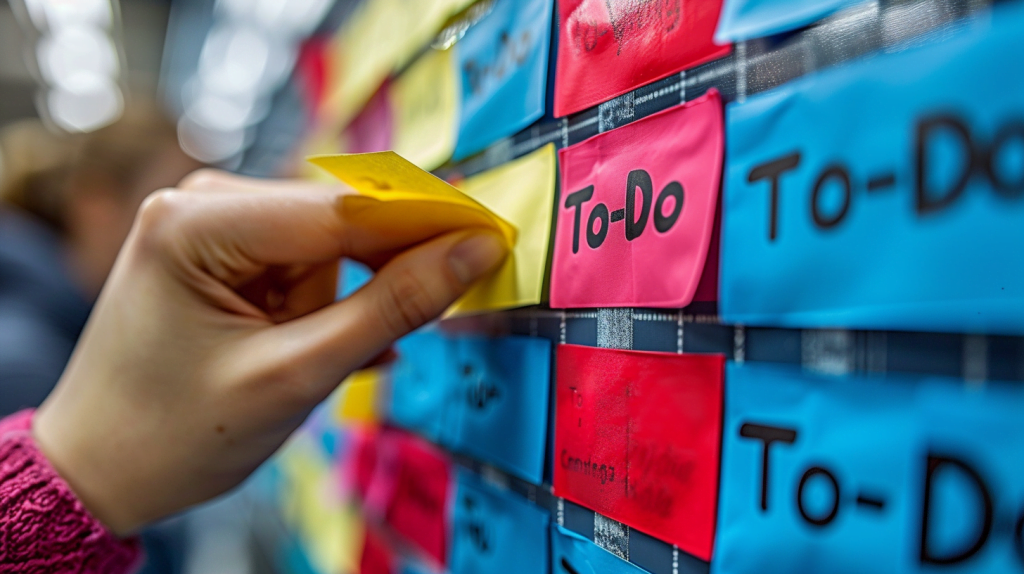 Close-up of a hand placing a sticky note on a colo a hand holding a yellow post-it note