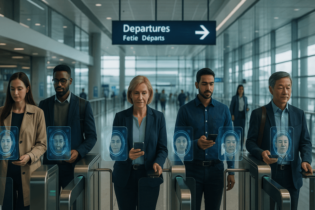 A modern airport terminal with passengers using mobile devices for seamless biometric verification at automated border gates, showcasing the future of digital travel credentials