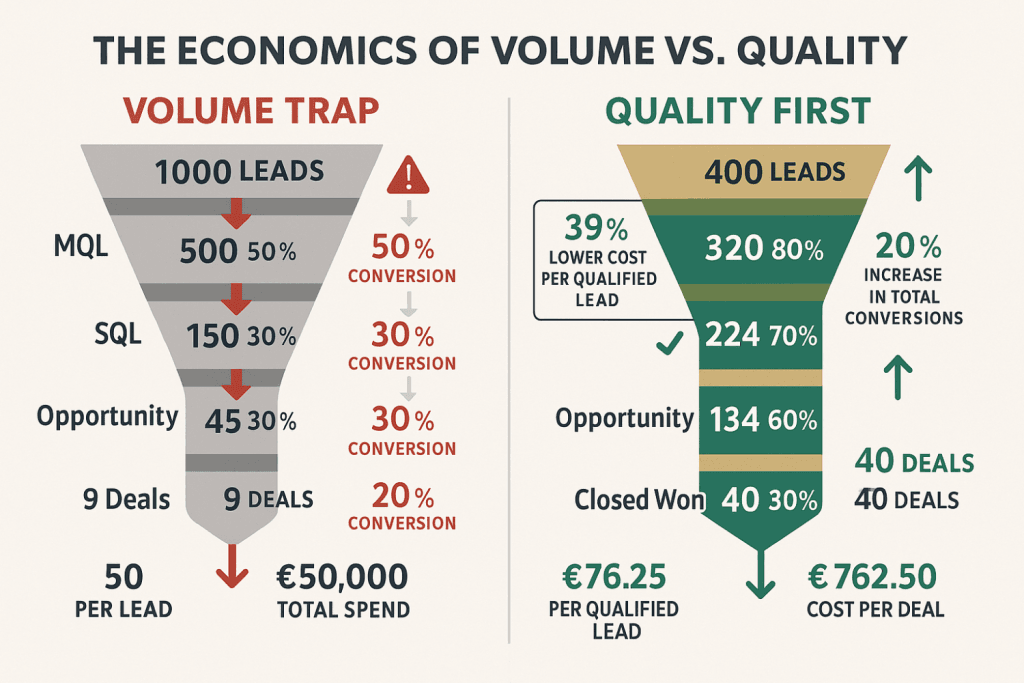 Infographic comparing B2B lead quality economics between volume and quality-first approaches showing revenue quality improvements and cost per qualified lead reductions