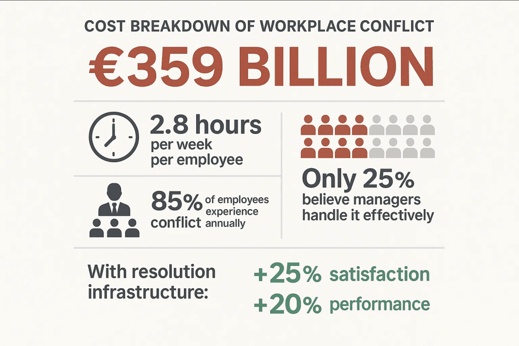 Infographic showing €359 billion annual cost of workplace conflict and productivity impact on employee retention