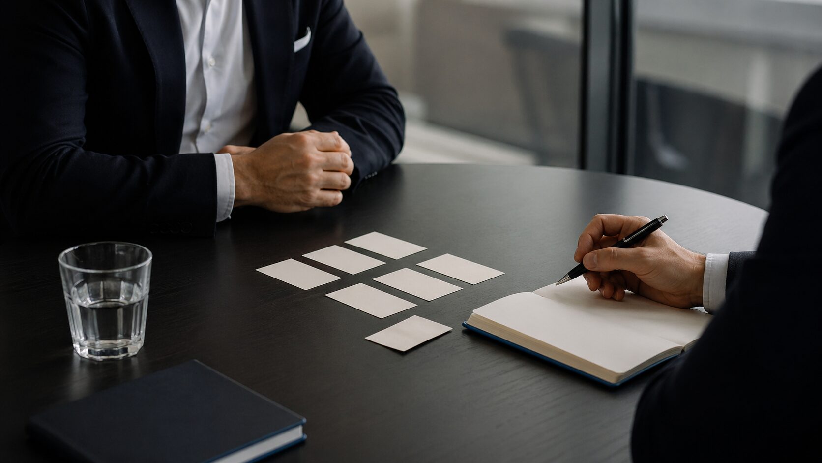Confidential mentoring conversation shown through notebooks and calm meeting table details